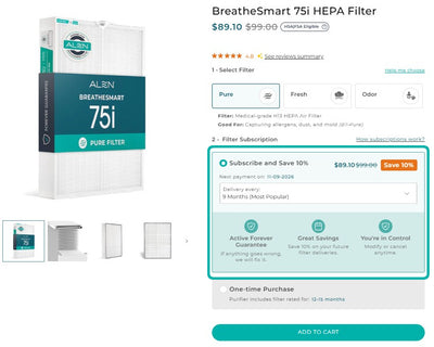 Alen BreatheSmart 75i HEPA filter subscription options on a website.