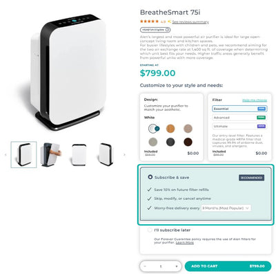 BreatheSmart 75i air purifier with customization options and filter Subscription selected